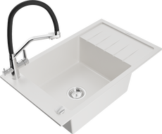 Mexen Elias granite kitchen sink 1-bowl with drainer and Duo kitchen faucet, white - 6511-20-671701-07