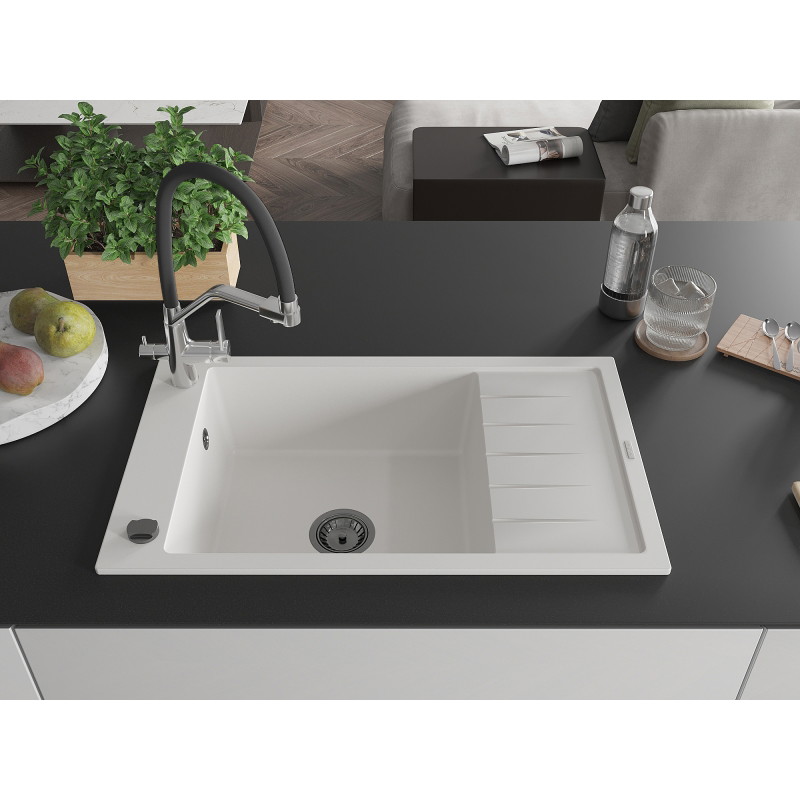 Mexen Elias 1-bowl granite sink with drainer and Duo kitchen faucet, white - 6511-20-671701-07-B