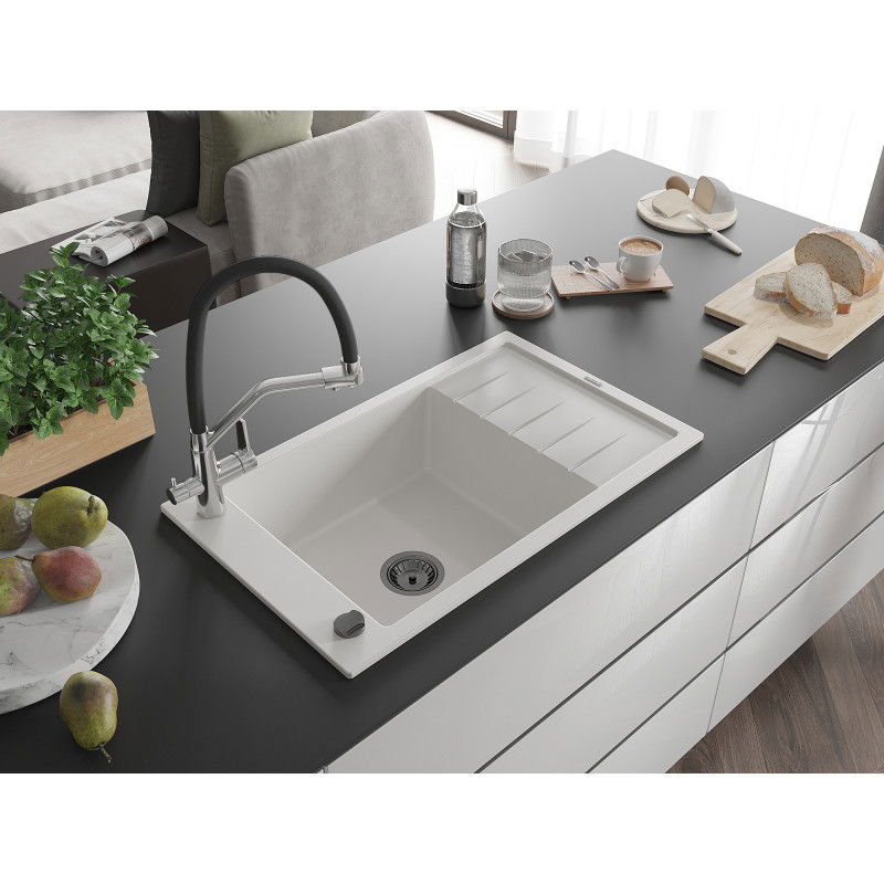 Mexen Elias 1-Bowl Granite Sink with Drainer and Duo Kitchen Tap, White - 6511-20-671701-07-B