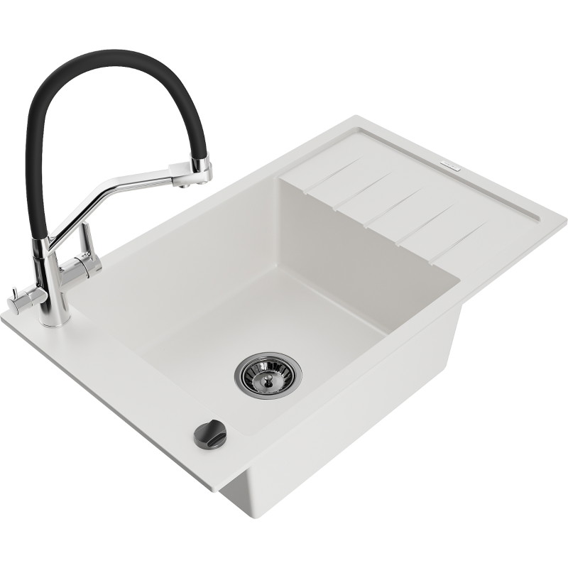 Mexen Elias 1-bowl granite sink with drainer and Duo kitchen faucet, white - 6511-20-671701-07-B