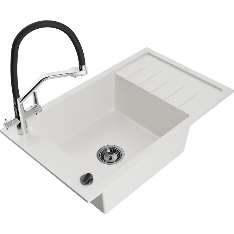 Mexen Elias 1-compartment granite sink with a drip tray and kitchen mixer tap Duo, white - 6511-20-671701-07-B