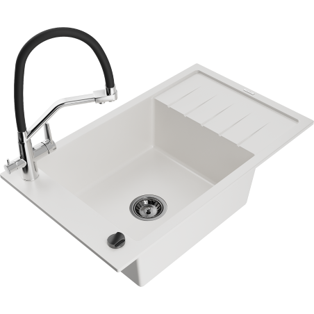 Mexen Elias 1-bowl granite sink with drainer and Duo kitchen faucet, white - 6511-20-671701-07-B