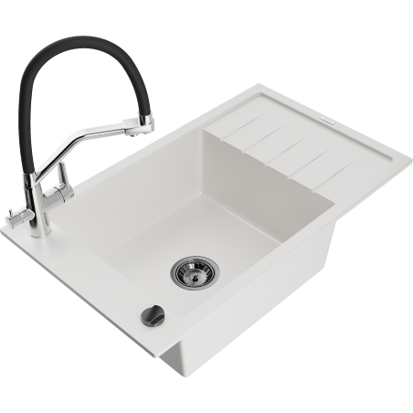 Mexen Elias granite single-bowl sink with drainer and Duo kitchen faucet, white - 6511-20-671701-07-B