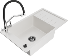 Mexen Elias granite single-bowl sink with drainer and Duo kitchen faucet, white - 6511-20-671701-07-B