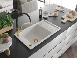 Mexen Elias granite single-bowl sink with drainer and Duo kitchen faucet, white - 6511-20-671701-57-G