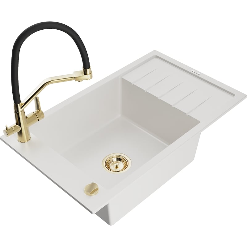 Mexen Elias 1-bowl granite sink with drainer and Duo kitchen faucet, white - 6511-20-671701-57-G