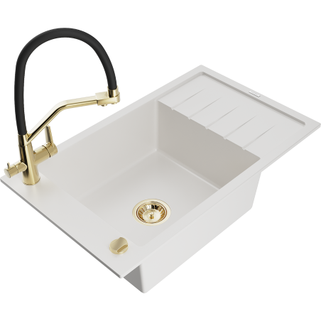 Mexen Elias 1-bowl granite sink with drainer and Duo kitchen faucet, white - 6511-20-671701-57-G