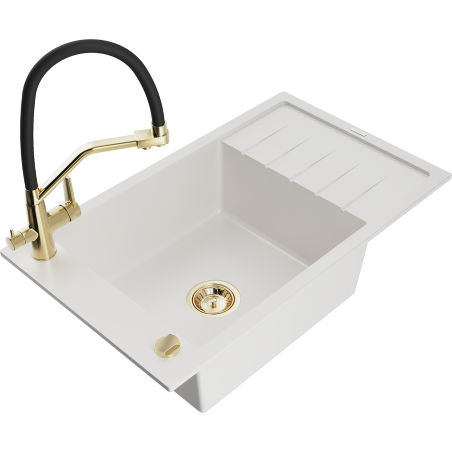 Mexen Elias 1-compartment granite sink with a drip tray and kitchen mixer tap Duo, white - 6511-20-671701-57-G