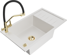 Mexen Elias 1-bowl granite sink with drainer and Duo kitchen faucet, white - 6511-20-671701-57-G
