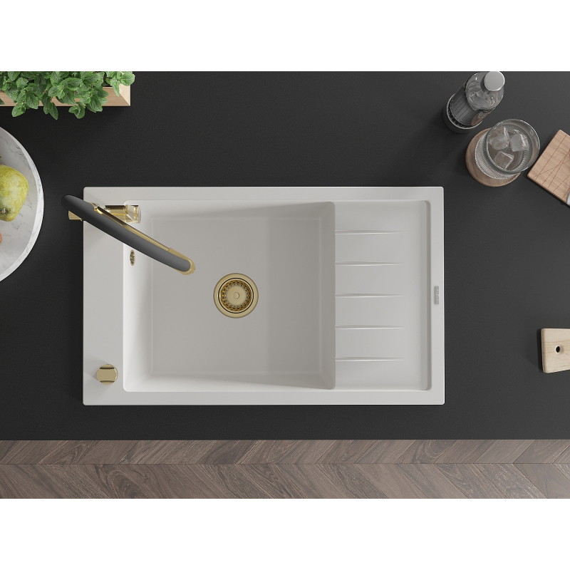 Mexen Elias granite single-bowl sink with drainer and Duo kitchen faucet, white - 6511-20-671701-57-G