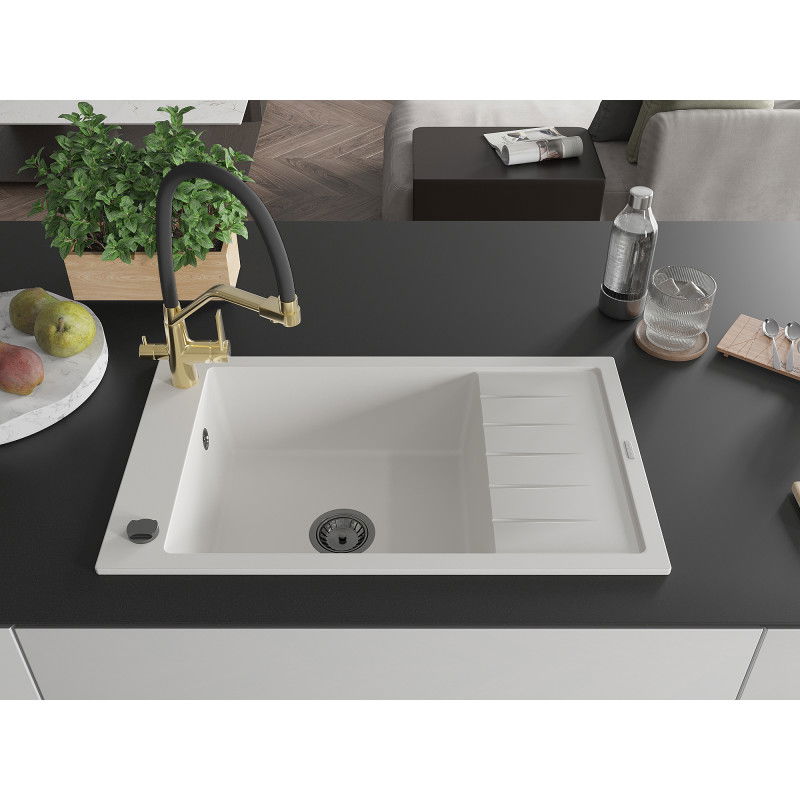 Mexen Elias 1-bowl granite sink with drainer and Duo kitchen tap, white - 6511-20-671701-57-B