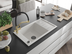 Mexen Elias single-bowl granite sink with drainer and Duo kitchen faucet, white - 6511-20-671701-57-B