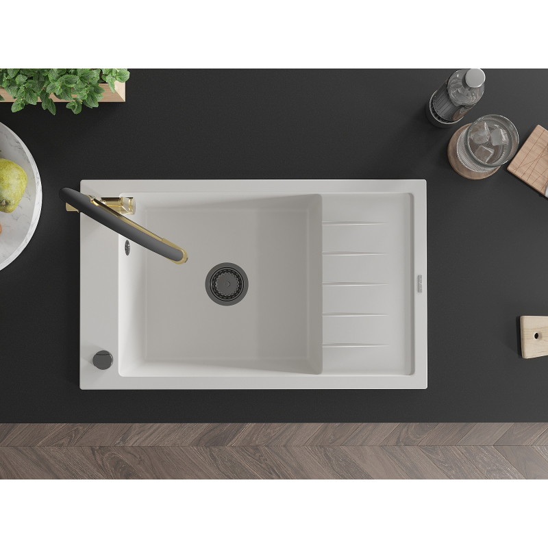 Mexen Elias 1-Bowl Granite Kitchen Sink with Drainer and Duo Faucet, White - 6511-20-671701-57-B