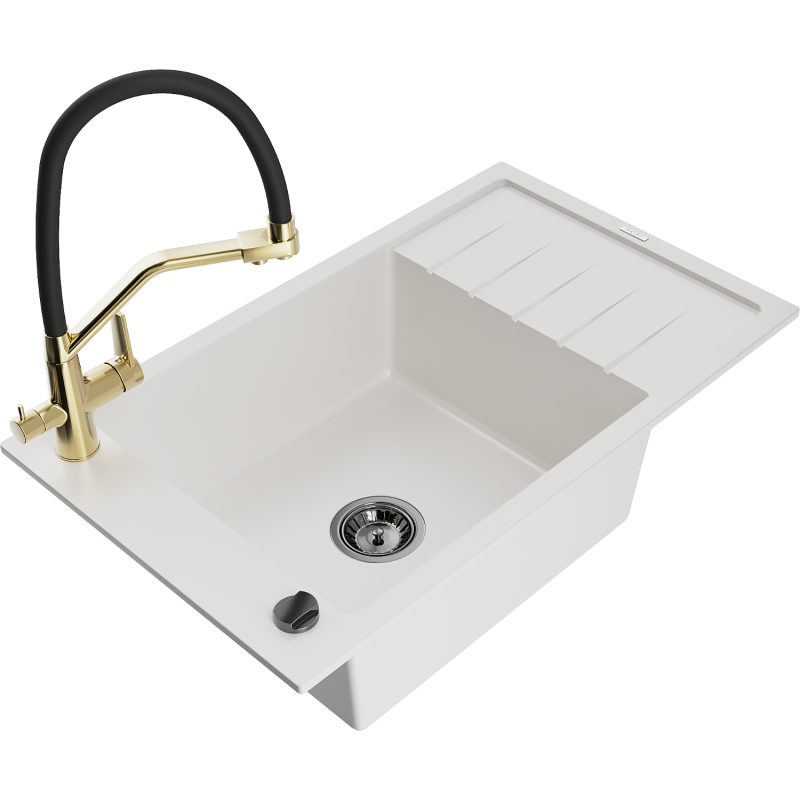 Mexen Elias 1-bowl granite sink with drainer and Duo kitchen tap, white - 6511-20-671701-57-B