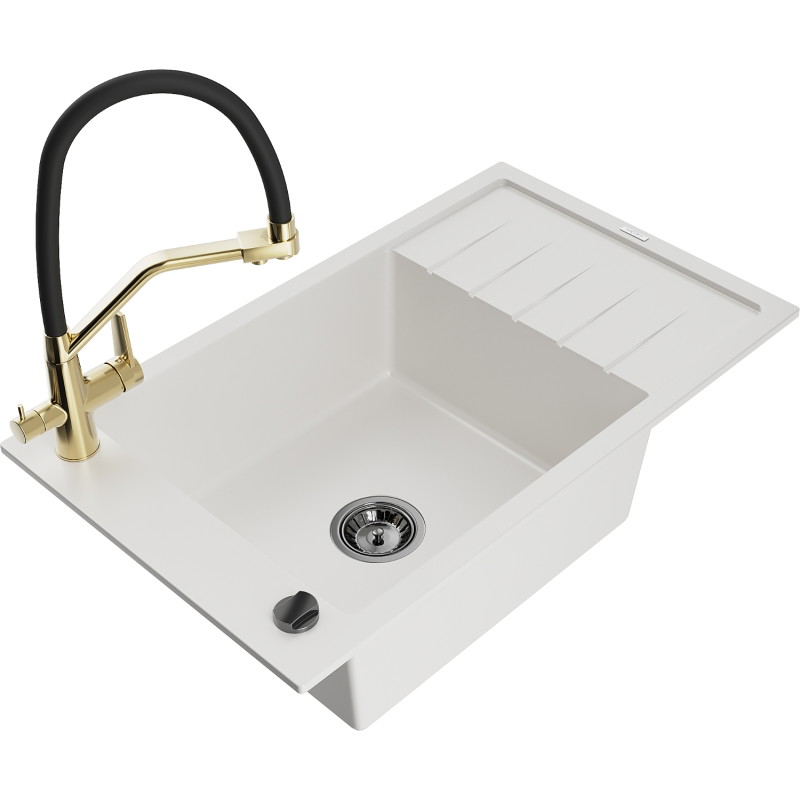 Mexen Elias single-bowl granite sink with drainer and Duo kitchen faucet, white - 6511-20-671701-57-B