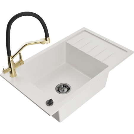 Mexen Elias 1-bowl granite sink with drainer and Duo kitchen tap, white - 6511-20-671701-57-B