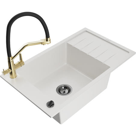 Mexen Elias single-bowl granite sink with drainer and Duo kitchen faucet, white - 6511-20-671701-57-B
