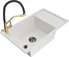 Mexen Elias single-bowl granite sink with drainer and Duo kitchen faucet, white - 6511-20-671701-57-B