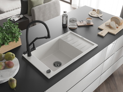 Mexen Elias 1-compartment granite sink with a drip tray and kitchen mixer tap Duo, white - 6511-20-671701-70-B