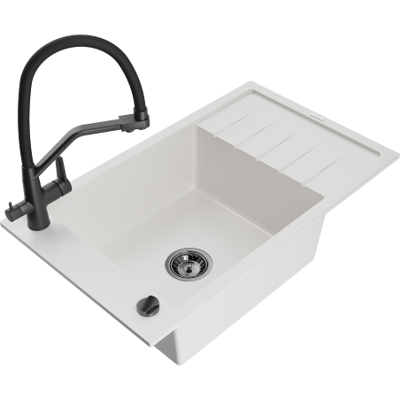 Mexen Elias 1-bowl Granite Sink with Drainer and Duo Kitchen Tap, White - 6511-20-671701-70-B