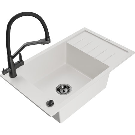 Mexen Elias 1-compartment granite sink with a drip tray and kitchen mixer tap Duo, white - 6511-20-671701-70-B
