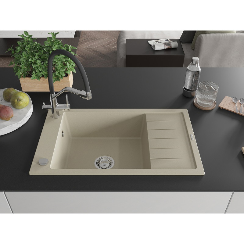 Mexen Elias granite kitchen sink 1-bowl with drainer and Duo kitchen faucet, beige - 6511-69-671701-07