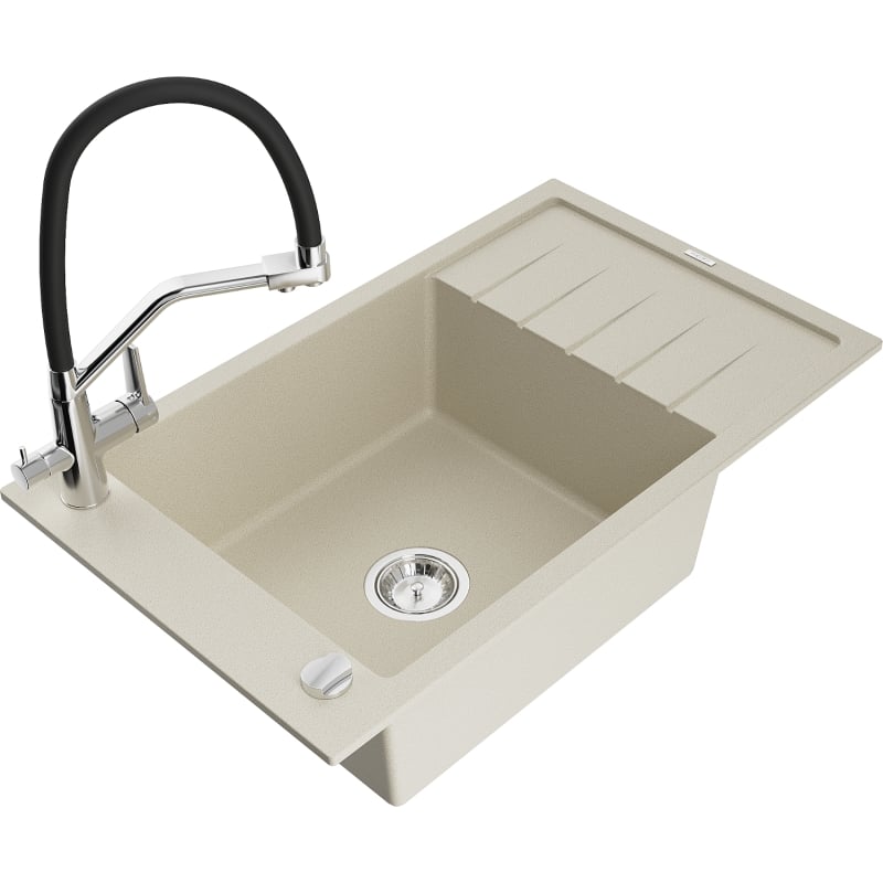 Mexen Elias granite kitchen sink 1-bowl with drainer and Duo kitchen faucet, beige - 6511-69-671701-07