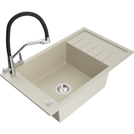 Mexen Elias granite kitchen sink 1-bowl with drainer and Duo kitchen faucet, beige - 6511-69-671701-07