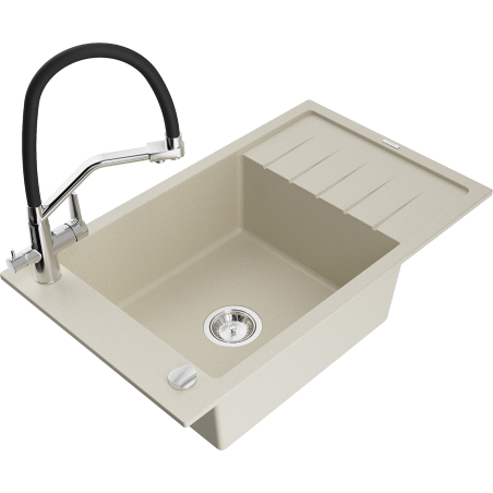 Mexen Elias granite sink 1-bowl with drainer and Duo kitchen tap, beige - 6511-69-671701-07