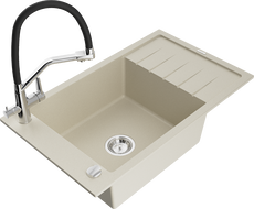 Mexen Elias granite kitchen sink 1-bowl with drainer and Duo kitchen faucet, beige - 6511-69-671701-07
