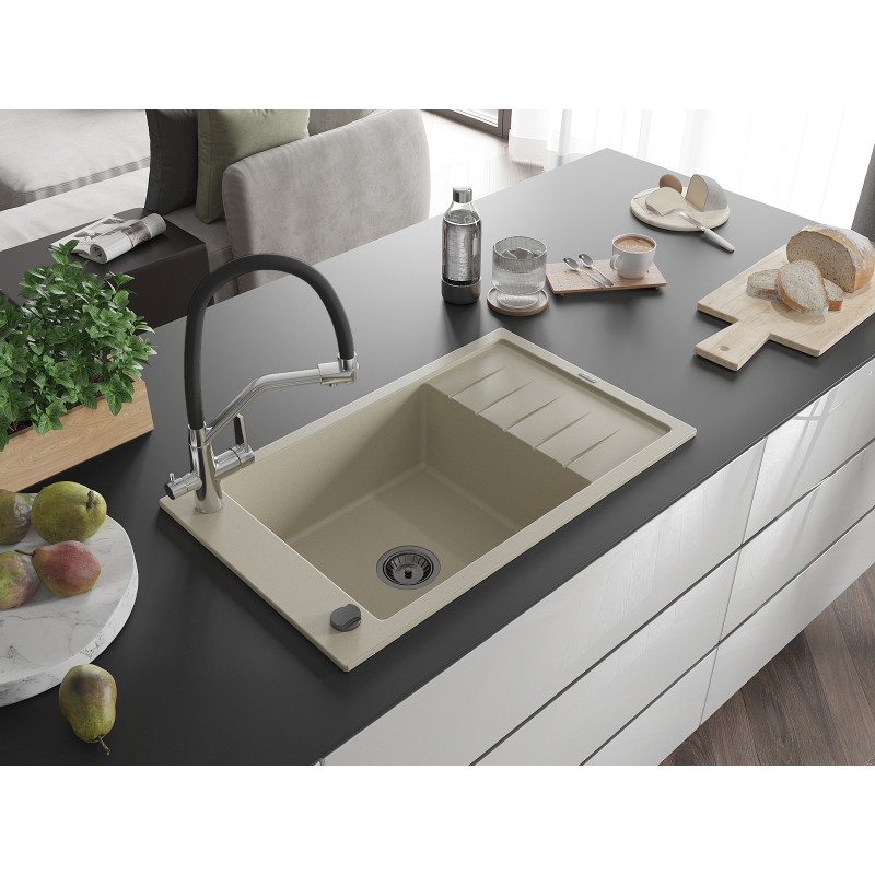 Mexen Elias granite kitchen sink 1-bowl with drainer and Duo kitchen faucet, beige - 6511-69-671701-07-B