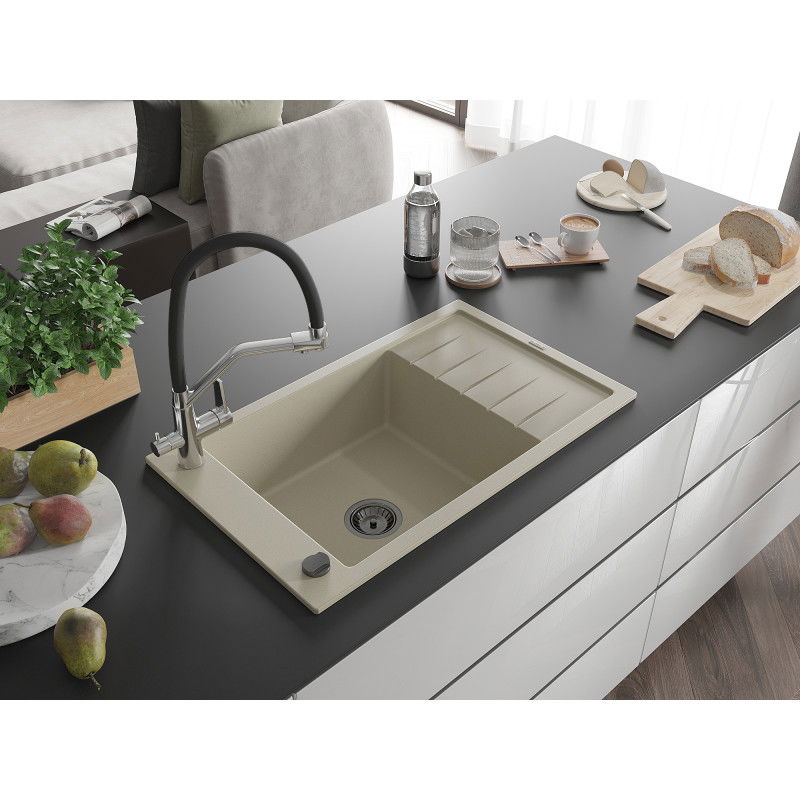 Mexen Elias granite sink 1-bowl with drainer and Duo kitchen tap, beige - 6511-69-671701-07-B
