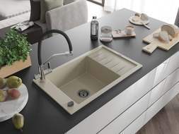 Mexen Elias granite sink 1-bowl with drainer and Duo kitchen faucet, beige - 6511-69-671701-07-B