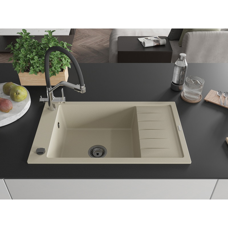 Mexen Elias granite sink 1-bowl with drainer and Duo kitchen faucet, beige - 6511-69-671701-07-B