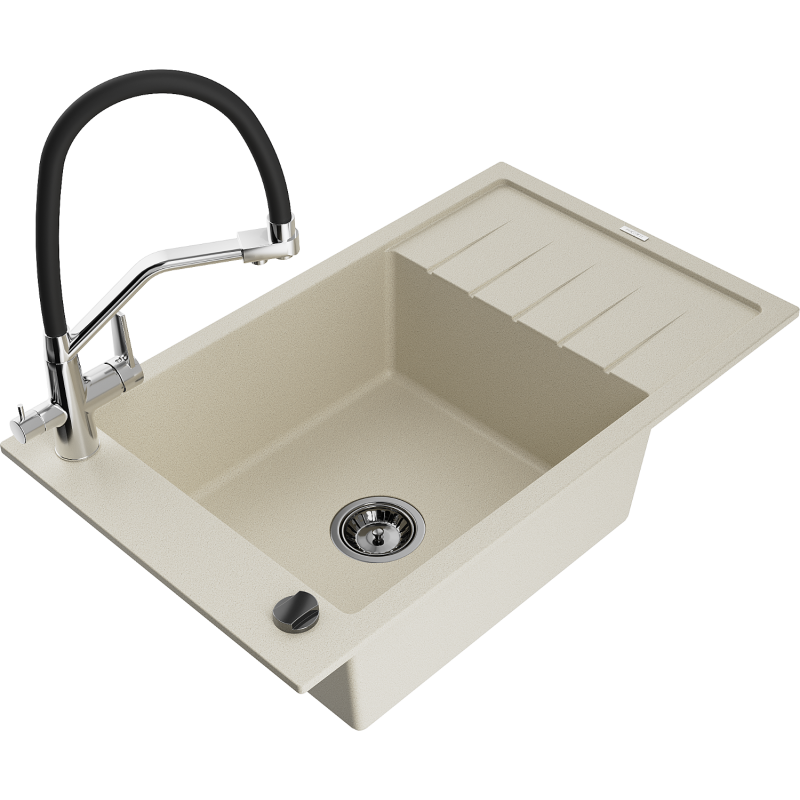 Mexen Elias 1-compartment granite sink with a drip tray and kitchen mixer tap Duo, Beige - 6511-69-671701-07-B