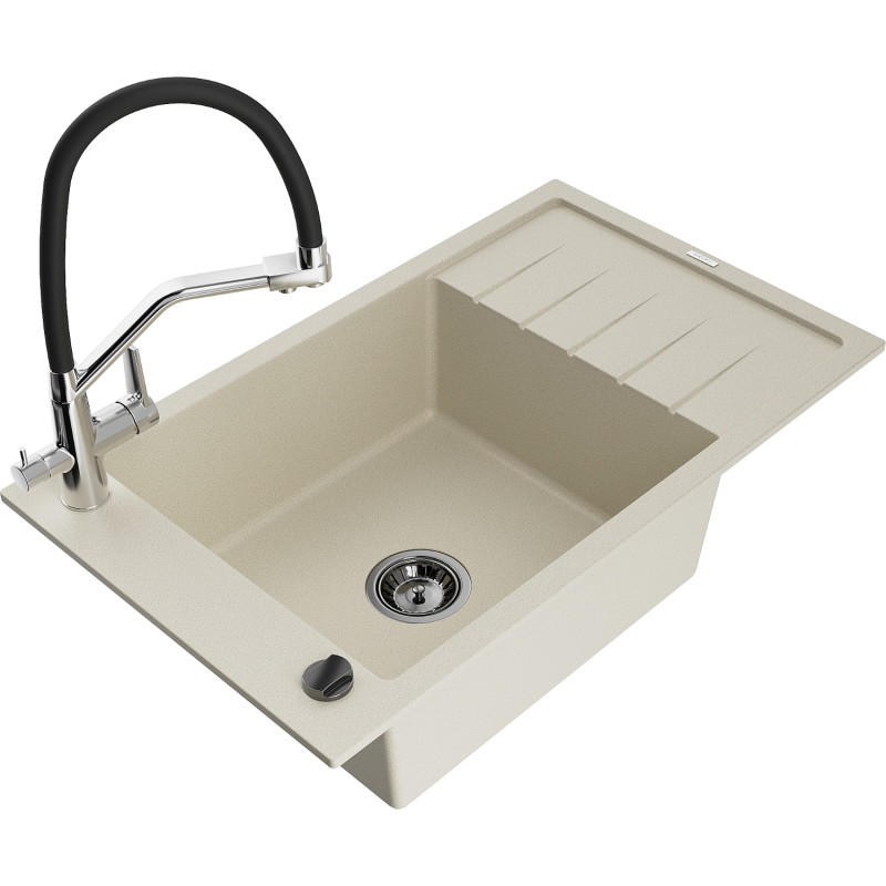 Mexen Elias granite sink 1-bowl with drainer and Duo kitchen faucet, beige - 6511-69-671701-07-B