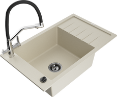 Mexen Elias granite sink 1-bowl with drainer and Duo kitchen faucet, beige - 6511-69-671701-07-B