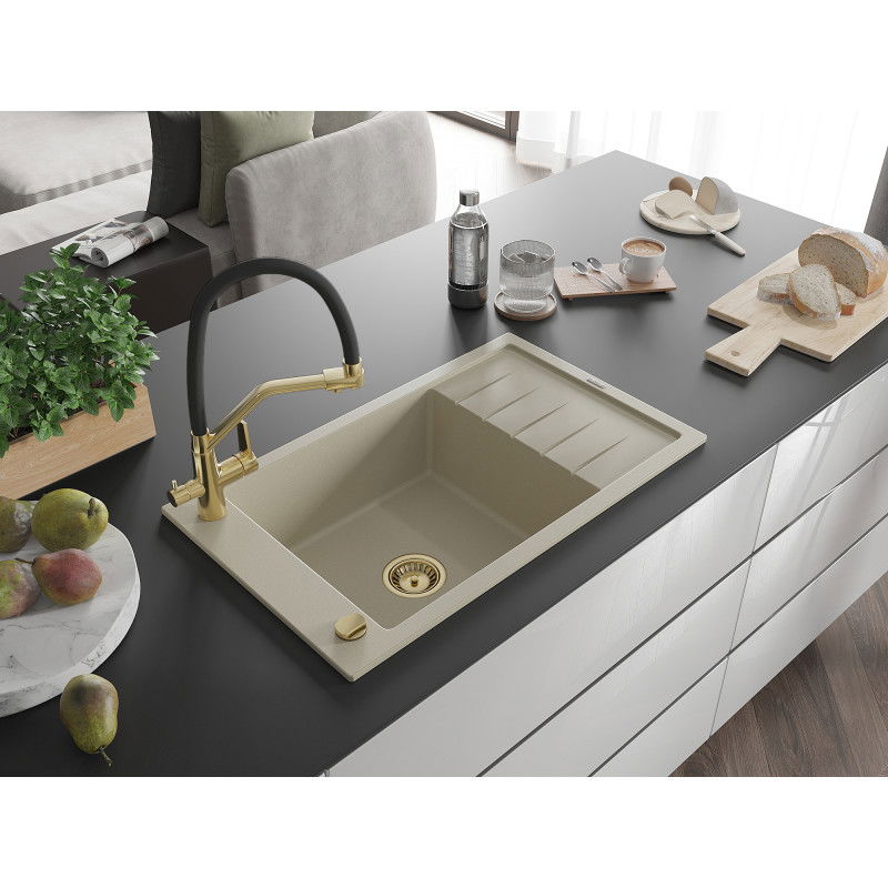 Mexen Elias one-bowl granite sink with drainer and Duo kitchen tap, beige - 6511-69-671701-57-G