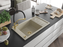 Mexen Elias 1-compartment granite sink with a drip tray and kitchen mixer tap Duo, Beige - 6511-69-671701-57-G