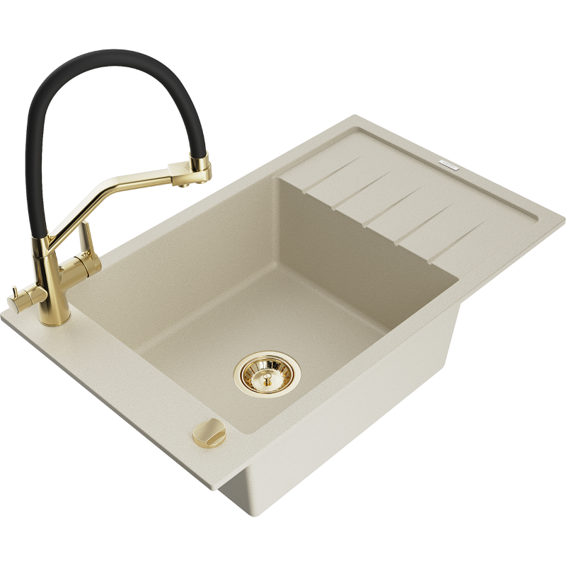 Mexen Elias 1-compartment granite sink with a drip tray and kitchen mixer tap Duo, Beige - 6511-69-671701-57-G