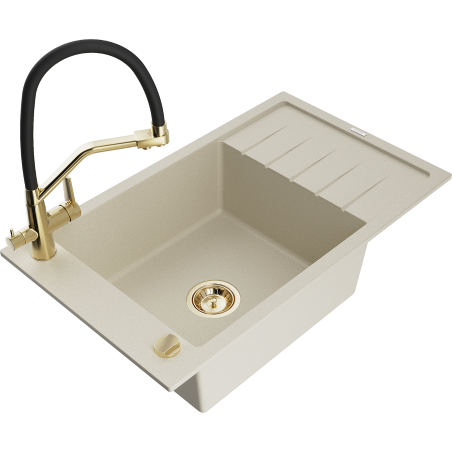 Mexen Elias one-bowl granite sink with drainer and Duo kitchen tap, beige - 6511-69-671701-57-G