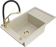 Mexen Elias 1-compartment granite sink with a drip tray and kitchen mixer tap Duo, Beige - 6511-69-671701-57-G