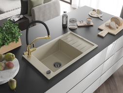 Mexen Elias 1-compartment granite sink with a drip tray and kitchen mixer tap Duo, Beige - 6511-69-671701-57-B