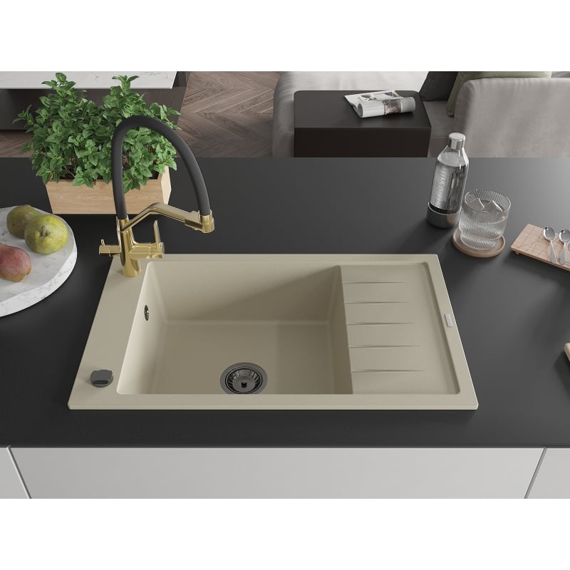 Mexen Elias 1-Bowl Granite Sink with Drainer and Duo Kitchen Faucet, Beige - 6511-69-671701-57-B