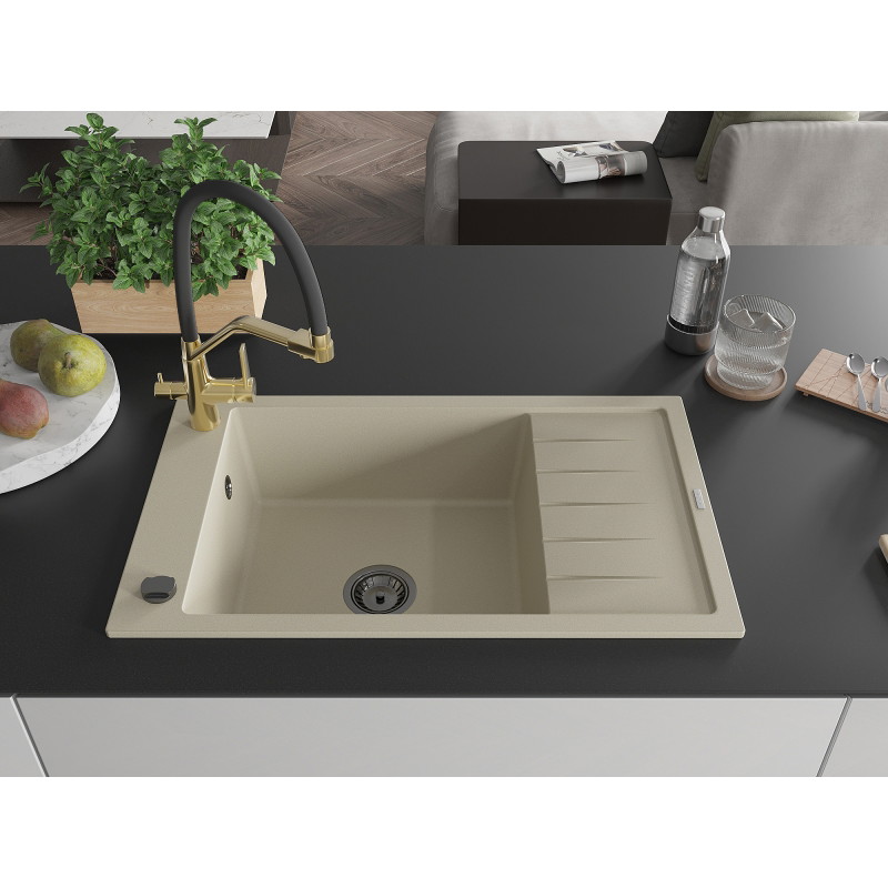 Mexen Elias granite single-bowl sink with drainer and Duo kitchen faucet, beige - 6511-69-671701-57-B