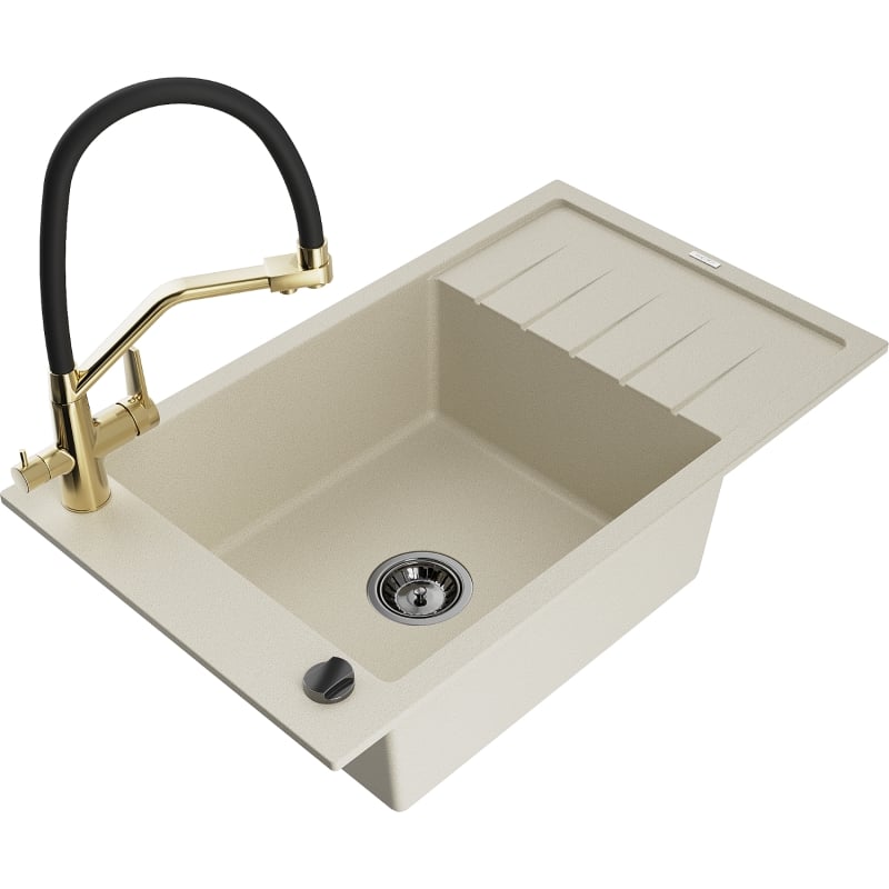 Mexen Elias 1-Bowl Granite Sink with Drainer and Duo Kitchen Faucet, Beige - 6511-69-671701-57-B