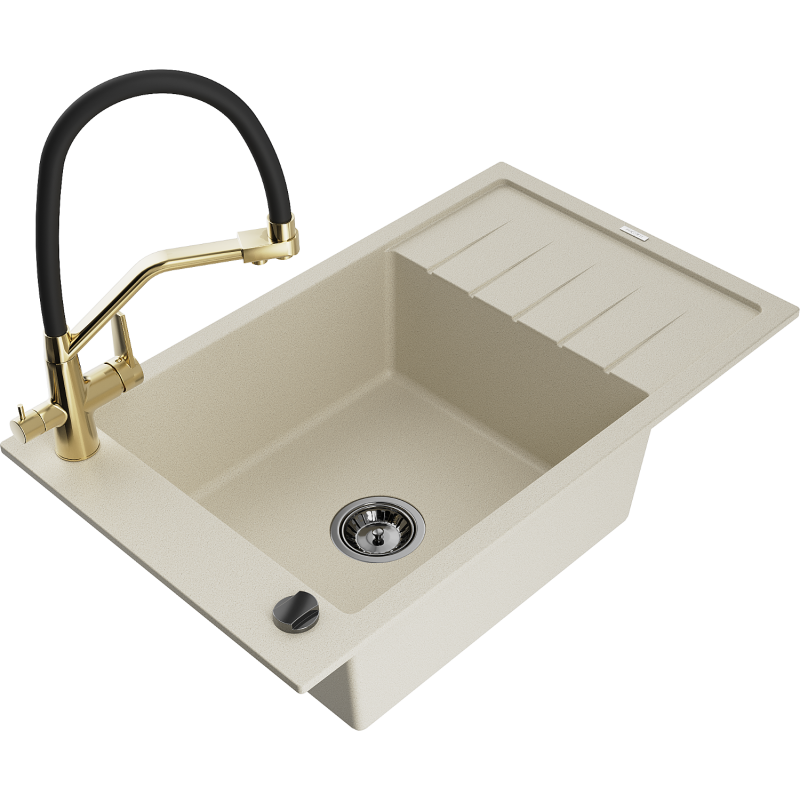 Mexen Elias granite sink 1-bowl with drainer and kitchen faucet Duo, beige - 6511-69-671701-57-B