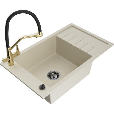 Mexen Elias 1-Bowl Granite Sink with Drainer and Duo Kitchen Faucet, Beige - 6511-69-671701-57-B