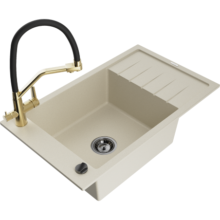 Mexen Elias granite single-bowl sink with drainer and Duo kitchen faucet, beige - 6511-69-671701-57-B