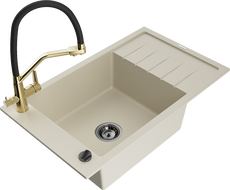 Mexen Elias granite single-bowl sink with drainer and Duo kitchen faucet, beige - 6511-69-671701-57-B